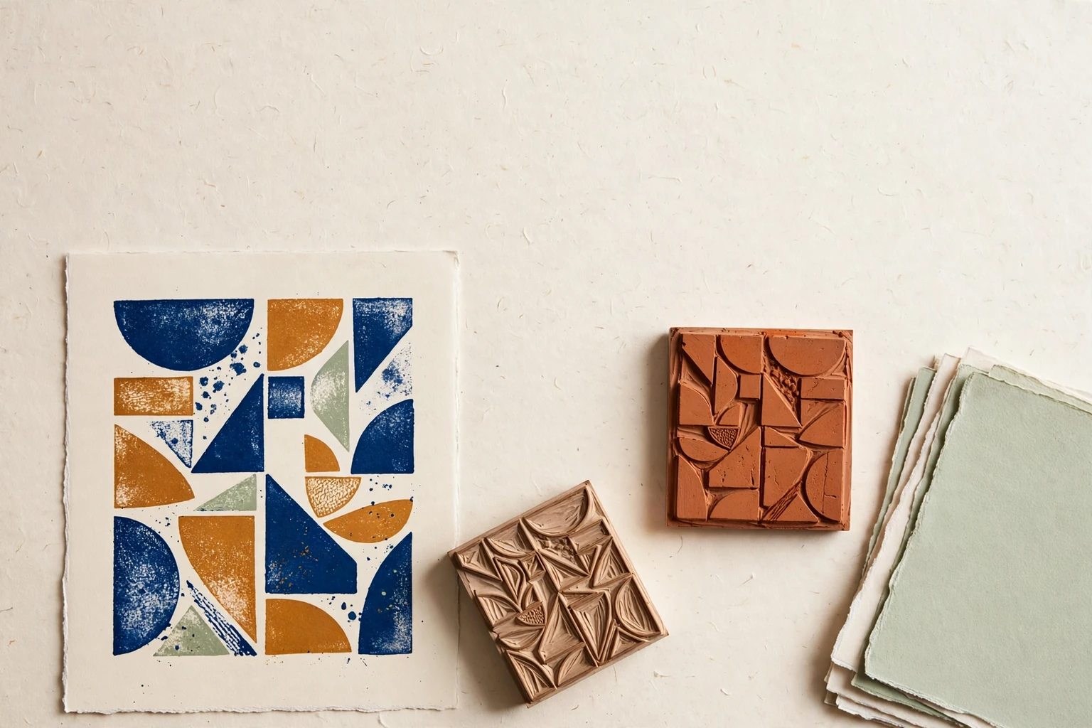 A printing table with a geometric proof, carved blocks and pale paper