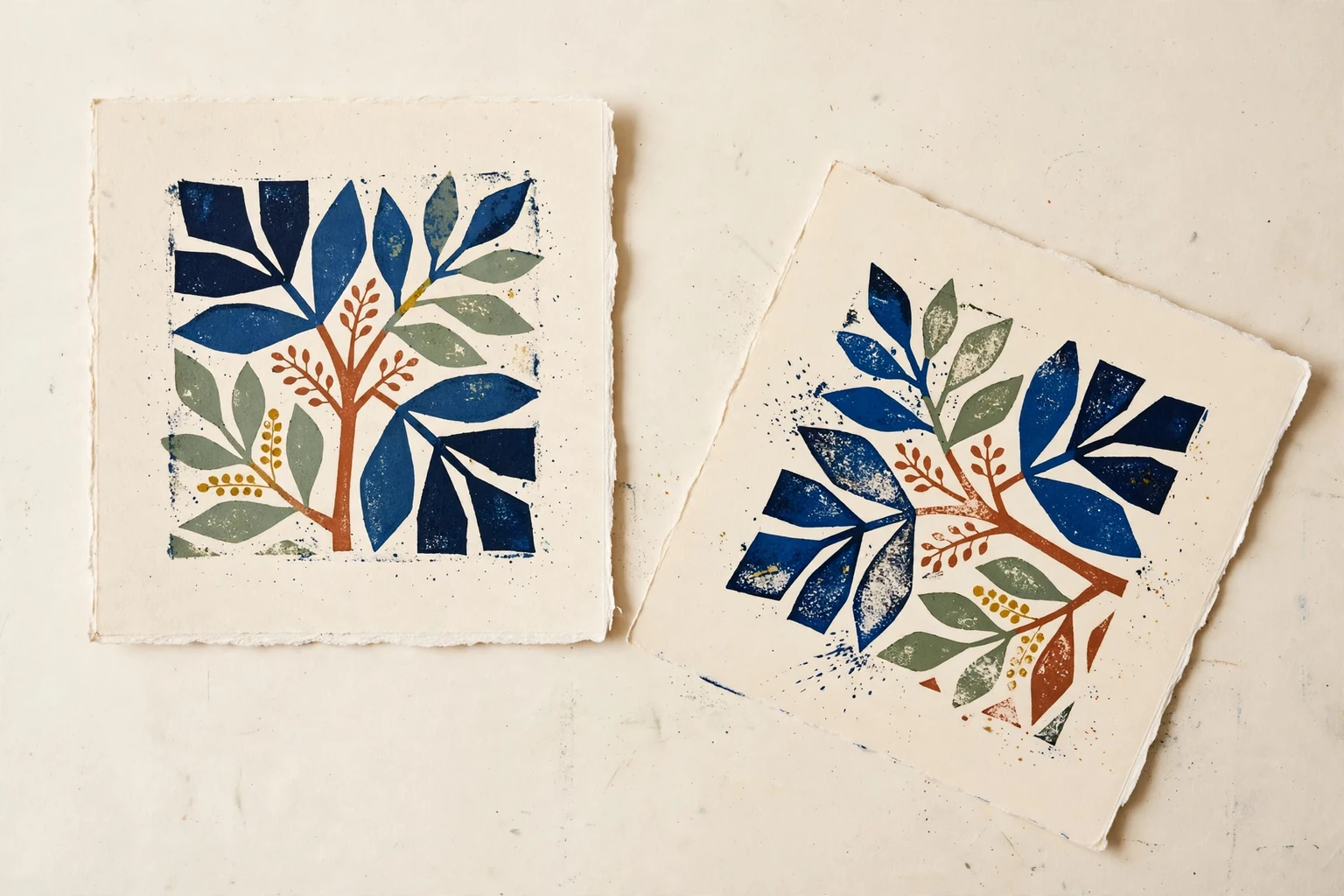 Two separate botanical print studies on warm paper