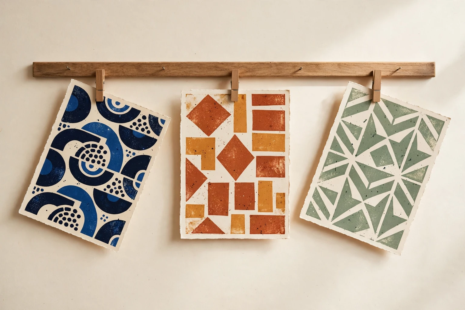 Different printed sheets hanging along a quiet studio rail