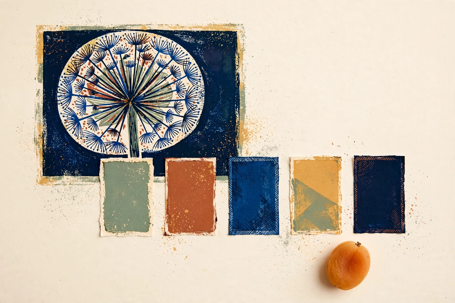 A motif proof and small color studies laid out on a table