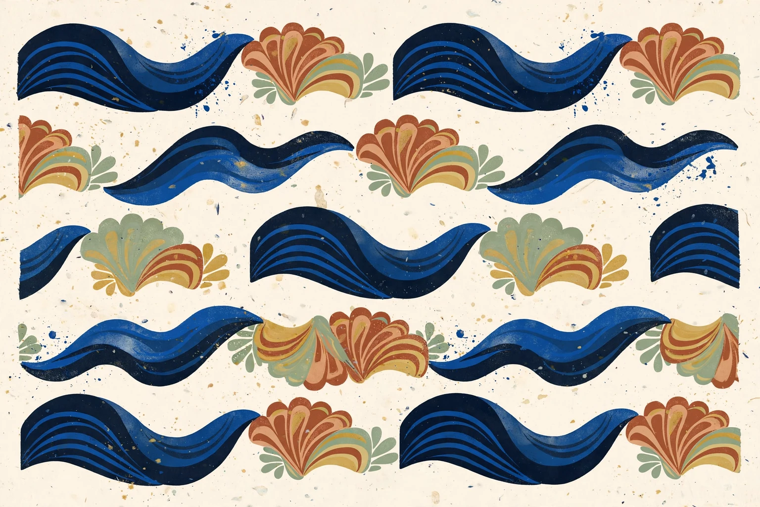 A flowing pattern of coastal forms on an ivory print