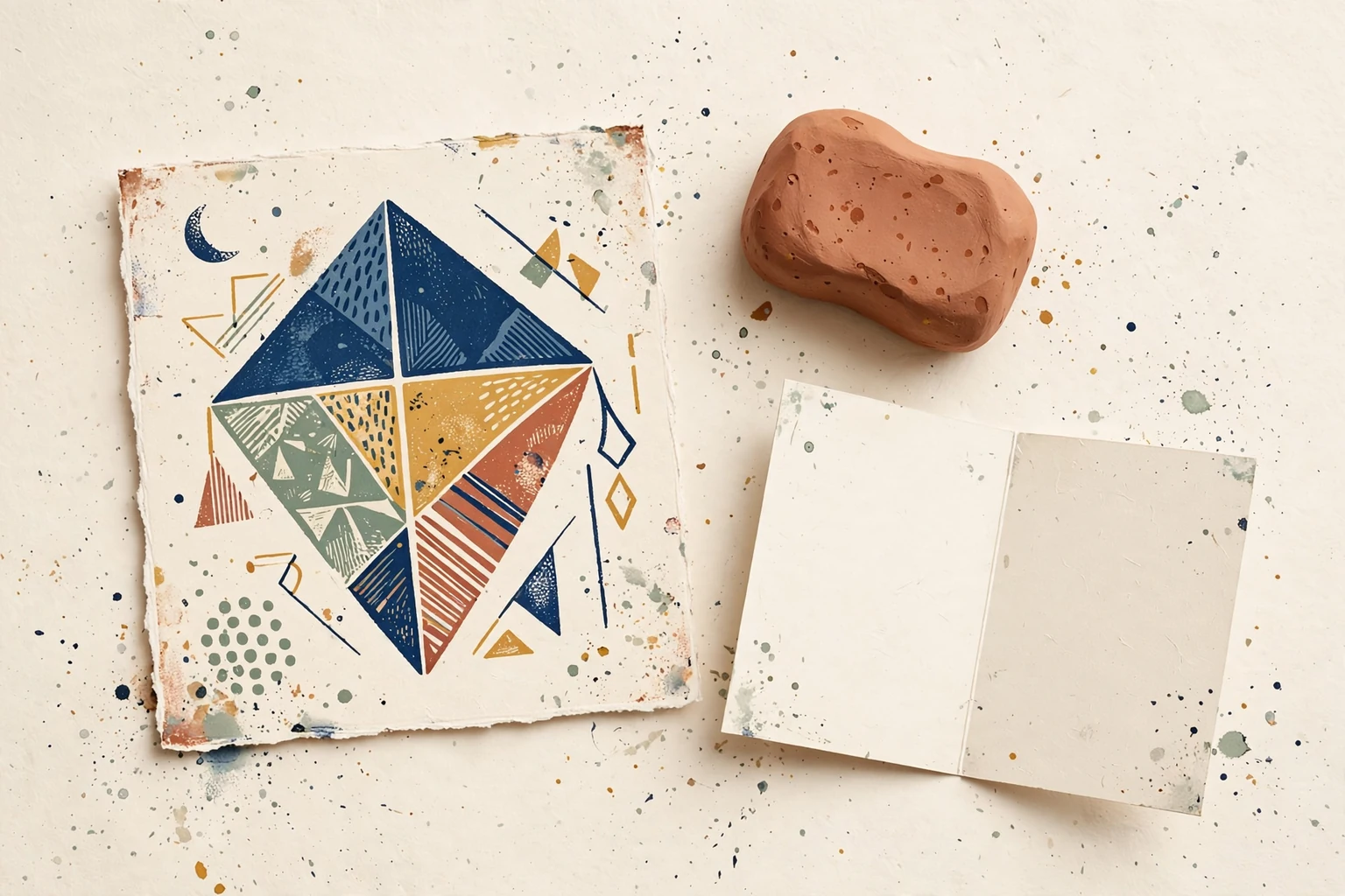 A small geometric print beside a blank card and warm paperweight
