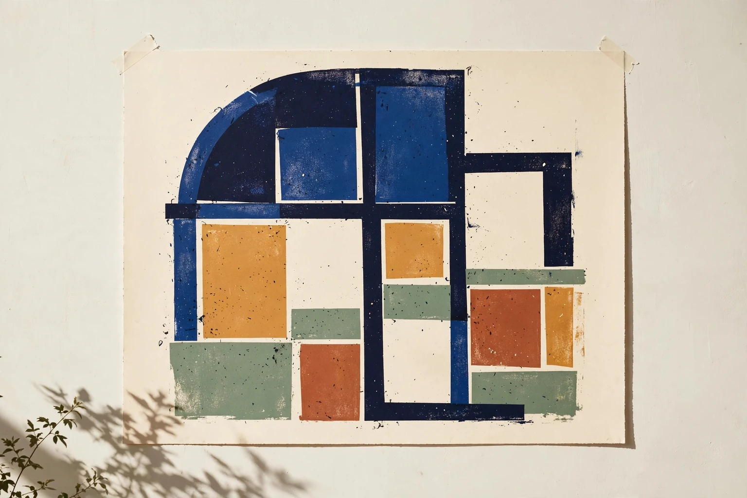 A large geometric print displayed against a pale wall