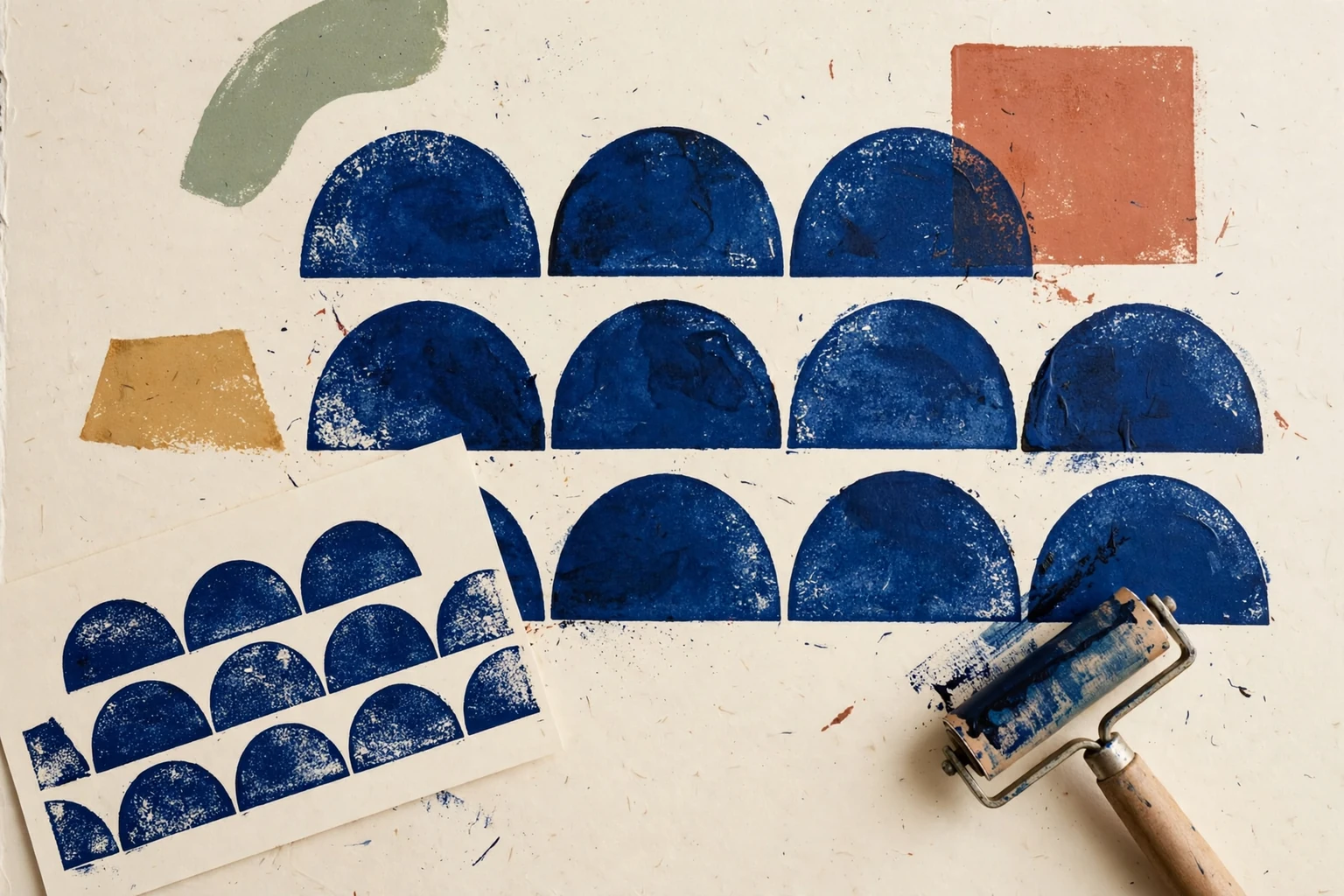 A semicircle print with a second proof turned beside it