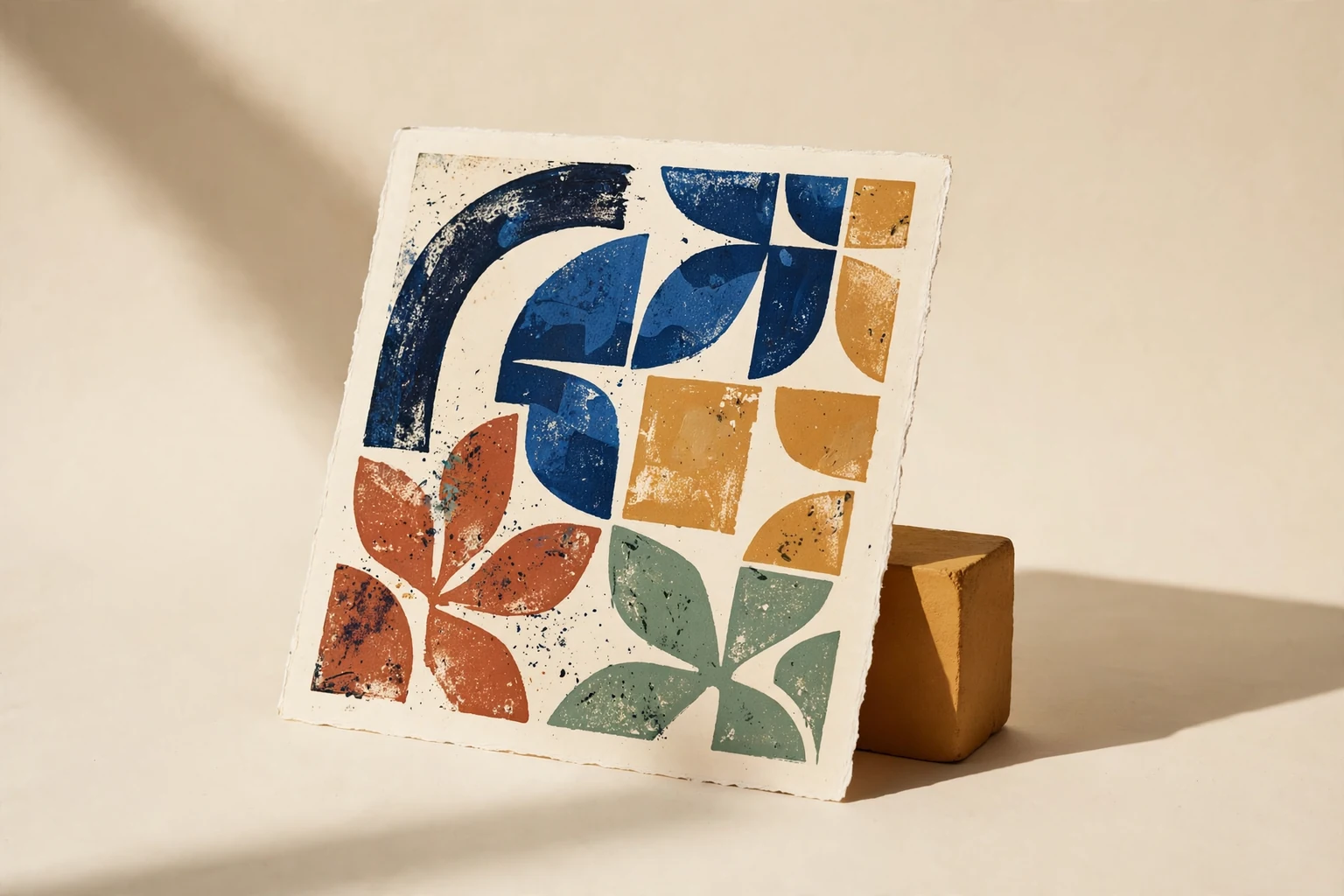 A finished square geometric proof on a small stand