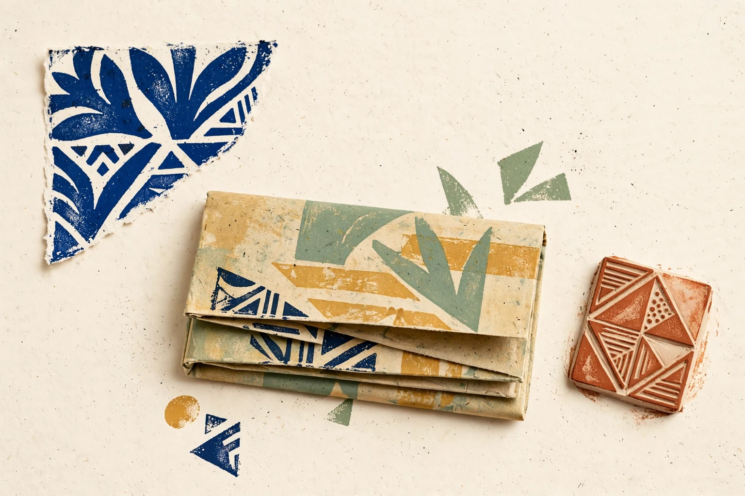 A folded print folio with a geometric stamp